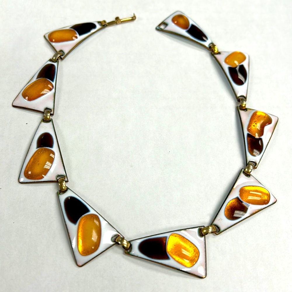 Kay Denning Vintage Mid Century Modern Enamel and Glass on Copper Link Necklace